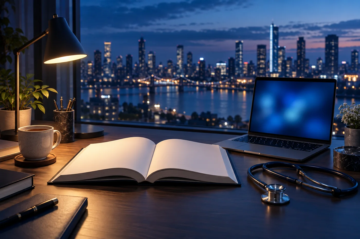 A desk set up for a late-night study session